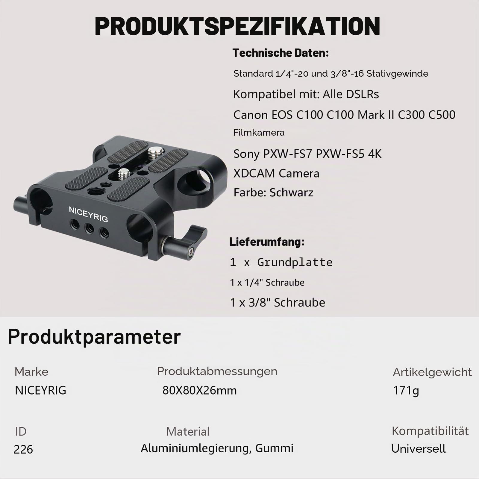 NICEYRIG Mehrzweckkamera Grundplatte mit 15 mm Stangenschienenklemme für das DSLR Rig Support System