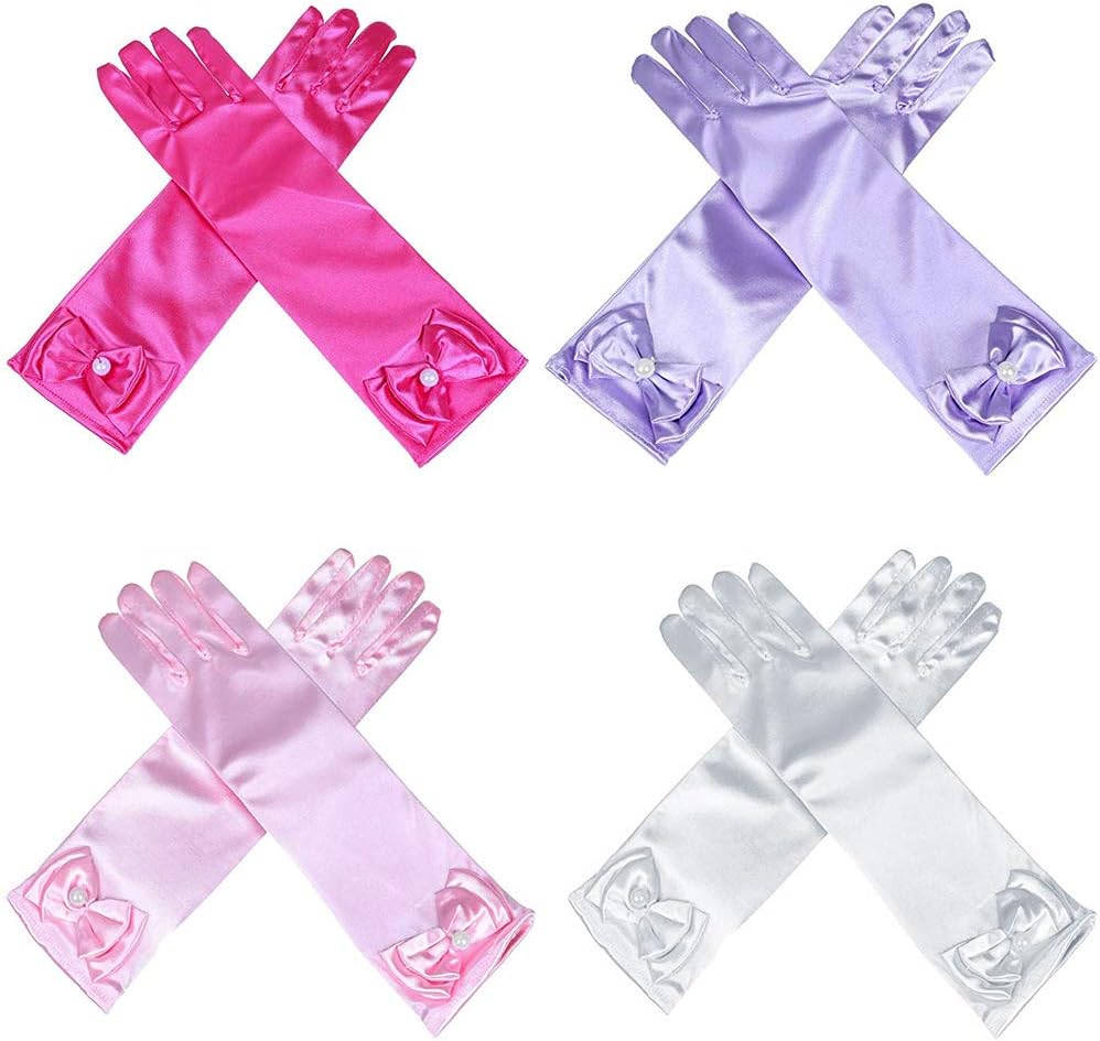 4 Pairs Little Girls Long Princess Costume Formal Bows Glove, Age 3-8