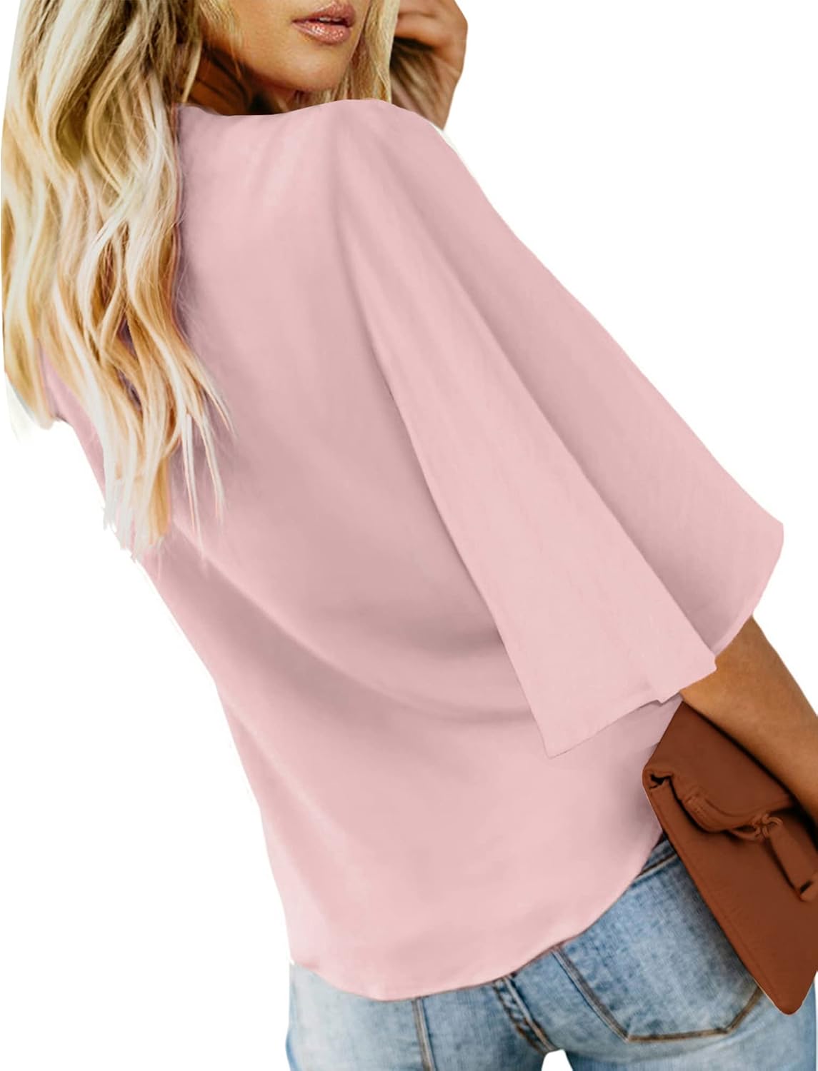 luvamia Women's Casual V Neck Tops 3/4 Sleeve Tie Knot Blouses Solid Button Down Shirts - Image 2