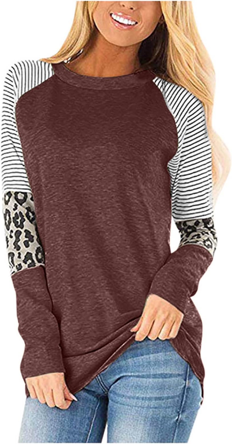 WOCACHI 2022 Blouses for Womens, Women Stripe Sleeve Patchwork Casual Top T-Shirt Loose Long Sleeve Top Blouse 2022 Spring Deals Holidays Vacation Winter July 4th