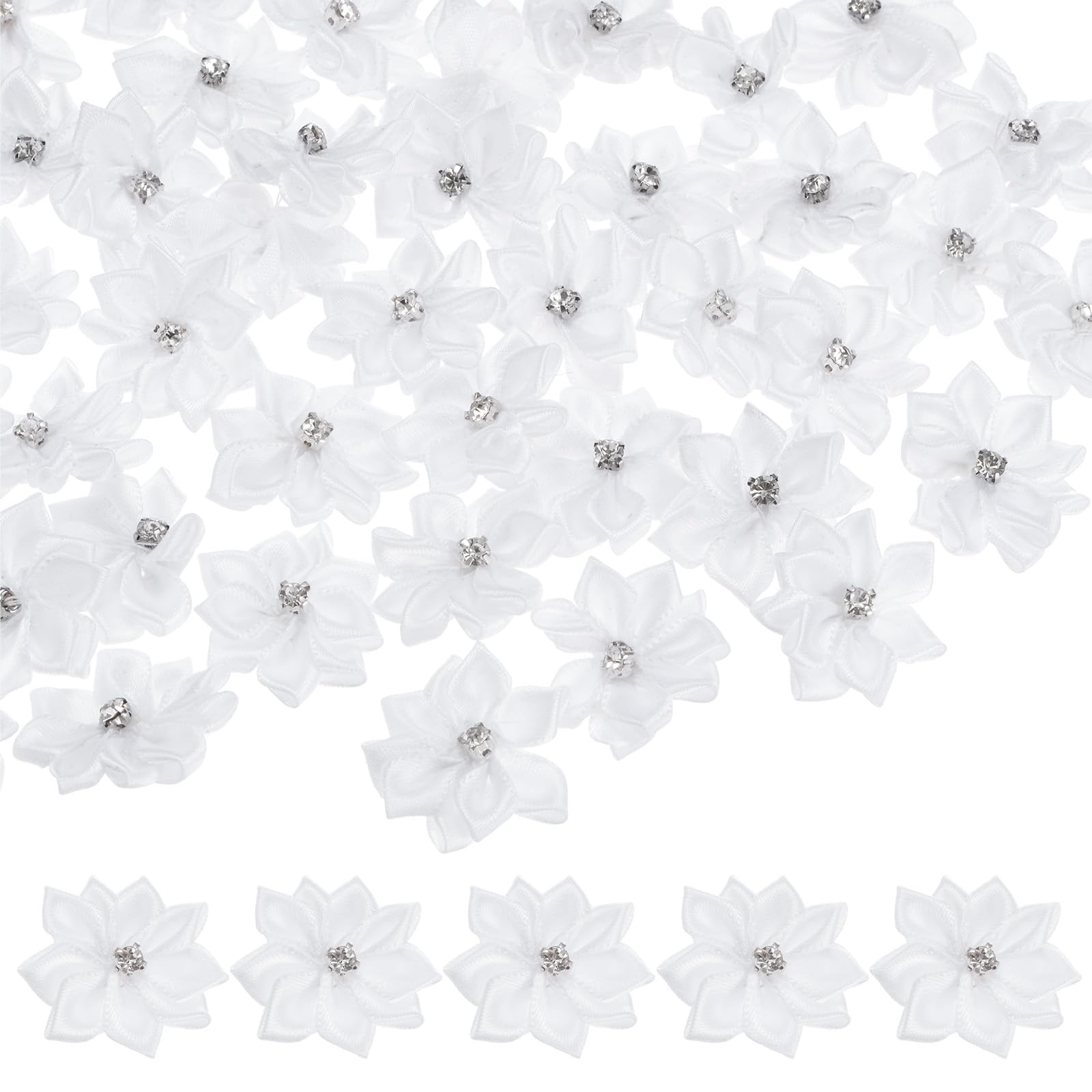 Photo 1 of M METERXITY 200-Pack Satin Ribbon Flowers, 1.2 Inch Mini Fabric Flowers with Rhinestones Flower Ribbon Appliques for Crafts DIY/Wedding/Ornament/Party/Home [White]