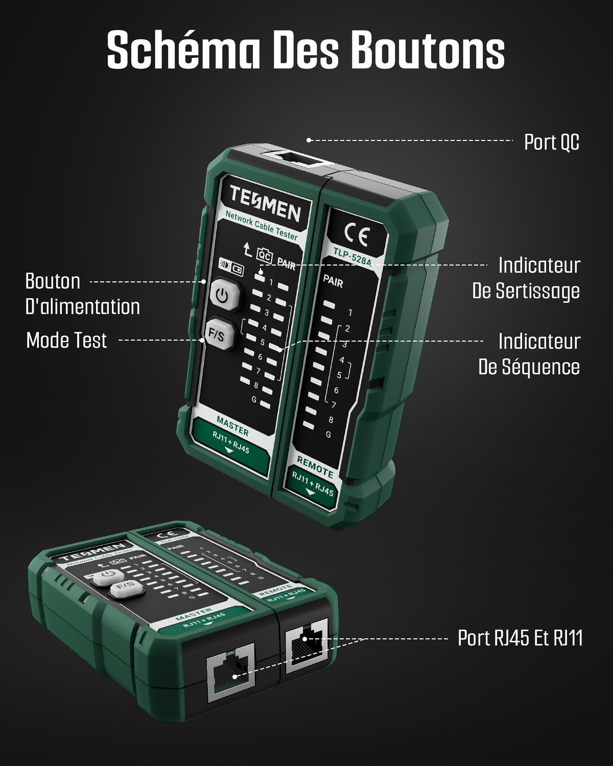 TESMEN TLP-528A Testeur de câbles réseau pour RJ11 et RJ45, Continuité & QC, testeur Ethernet LAN/TEL, pour CAT5/CAT6/CAT7, idéal pour maintenance des câbles – Vert