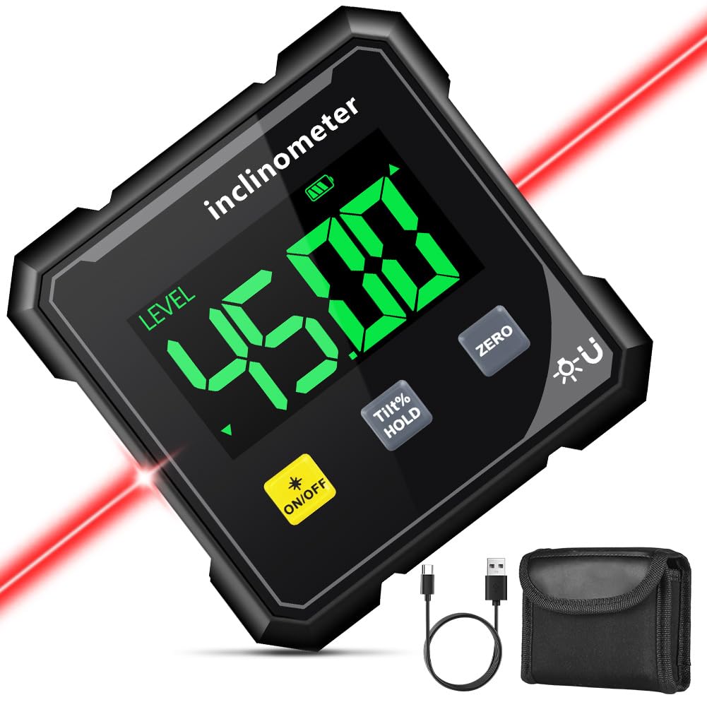 Flintronic Magnetyczny cyfrowy detektor kątowy, cyfrowy inklinometr z laserem elektronicznym, mocny 4-stronny magnetyczny kątomierz z wyświetlaczem LCD, do obróbki drewna, prac, maszyn