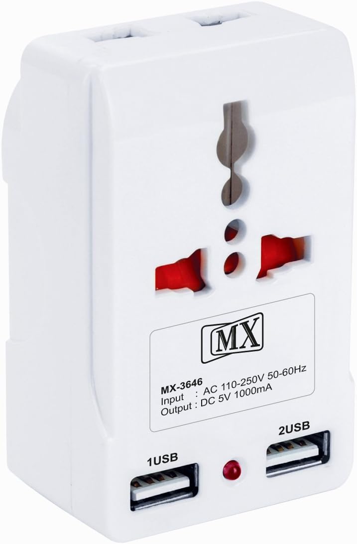 SKIN4GADGETS MX Dual USB Charger with 3 Pin Universal Socket Worldwide Adapter (White)