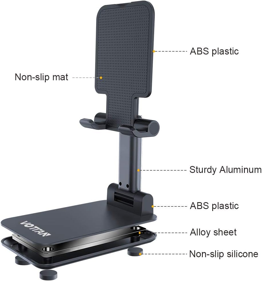 VOTTAN Cell Phone Stand Foldable, Angle & Height Adjustable Desk Phone Stand, Anti-Slip Base Tablet Stand Compatible with 4"-11" iPad, Mini Air, Monitor, Kindle, iPhone 11 12, All Phone (Black)