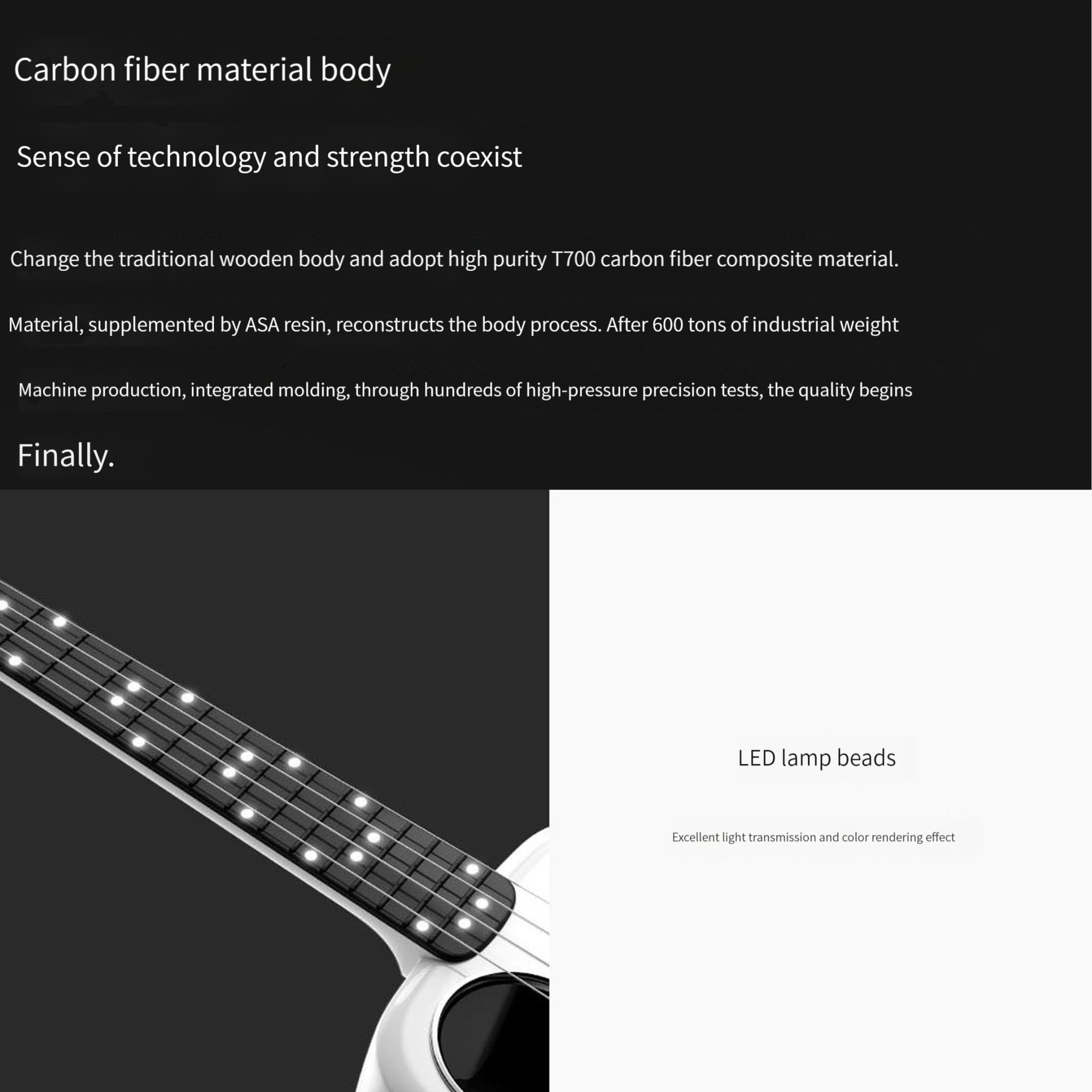 Inteligentne ukulele, 0 podstawowych wpisów, inteligentna interakcja z aplikacją, przewodnik świetlny LED, fajne włókno węglowe, 23-calowa mała gitara, ukulele, odpowiednie dla dzieci i nowicjuszy (C