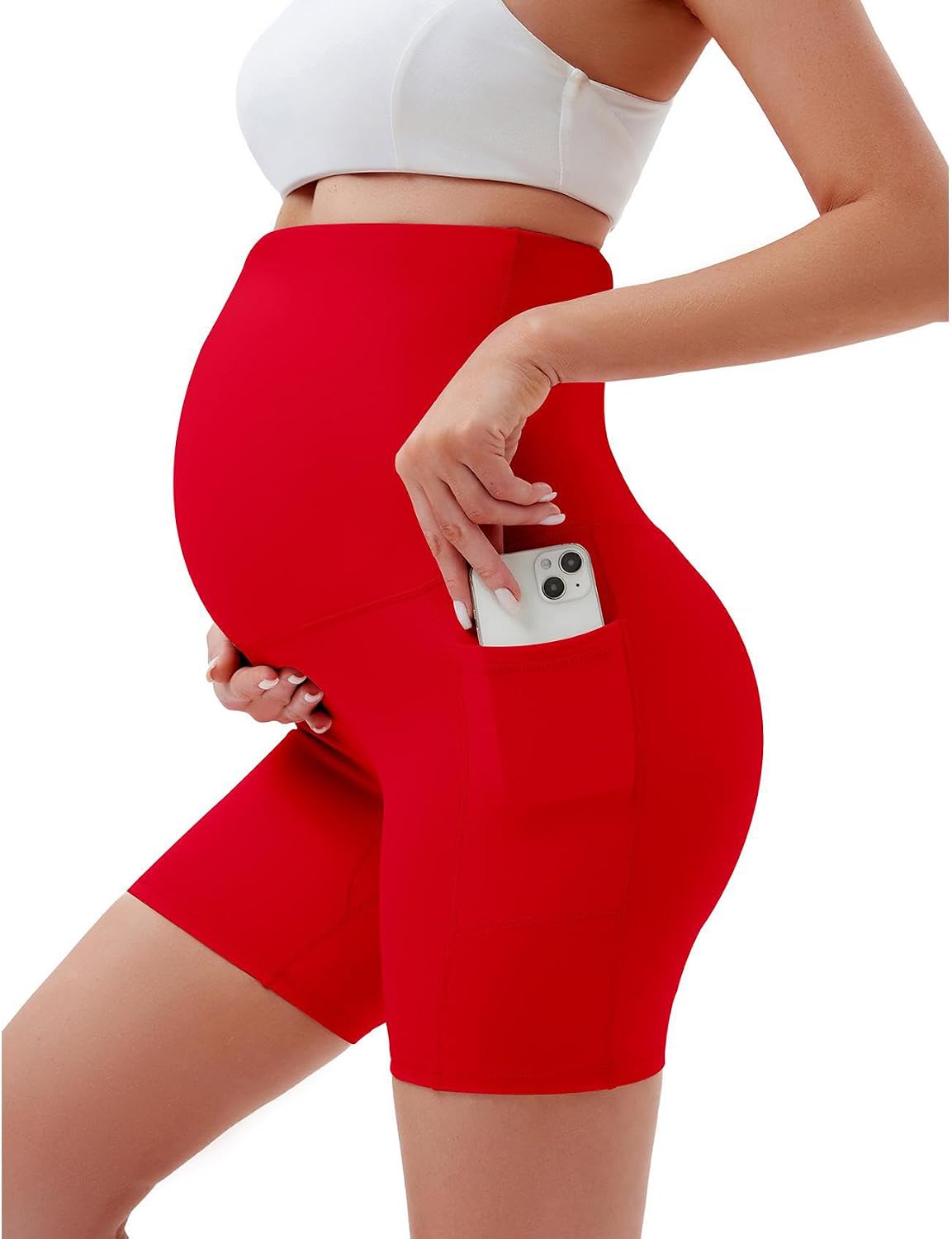 Women's 5" Maternity Yoga Shorts Over The Belly Pregnancy Workout Biker Under Dress Shorts with Pockets