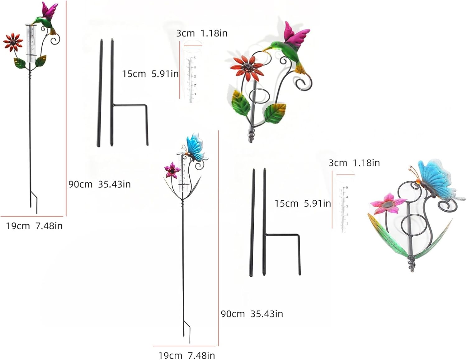 Elegant Hummingbird Butterfly Glass Rain Gauges with Strong Iron Stand Rain Collector for Outdoor Garden Decoration &