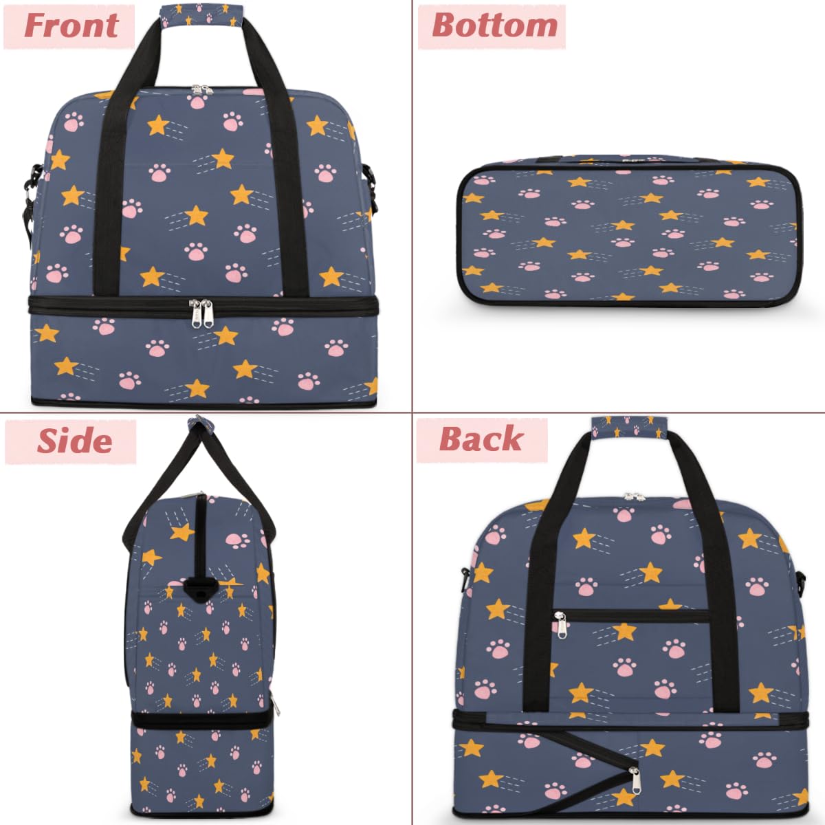 Bolsa de viaje plegable con estampado de estrellas de patas, bolsa de fin de semana de 47 litros con funda de carrito para deportes gimnasio viajes, multicolor, 47L, Bolsa de viaje