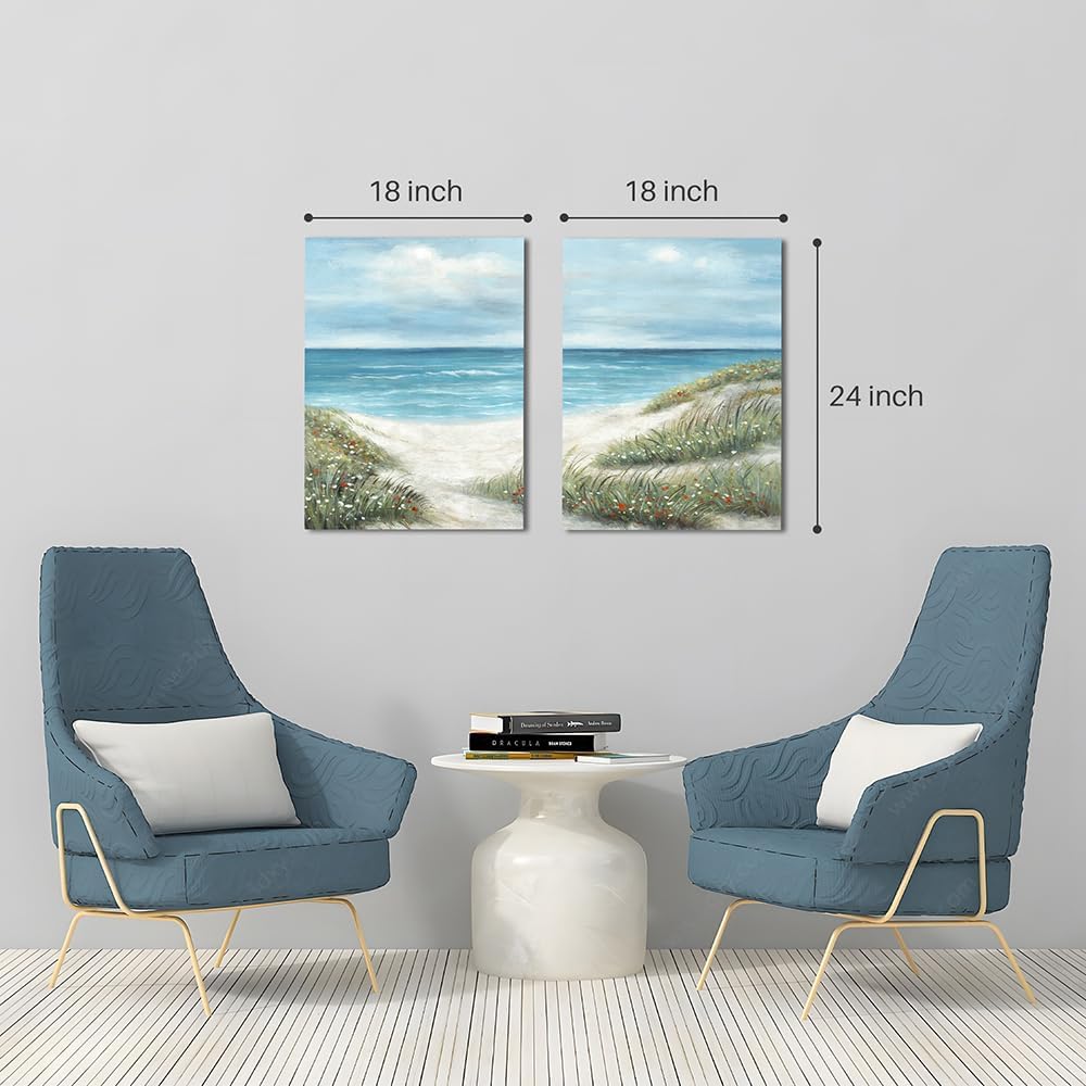 Beach Wall Art Canvas Decor: Coastal Ocean Picture Painting Modern Sea Scene Seascape Prints Set of 2 Seaside Seashore Artwork for Bathroom Bedroom Living Room Home
