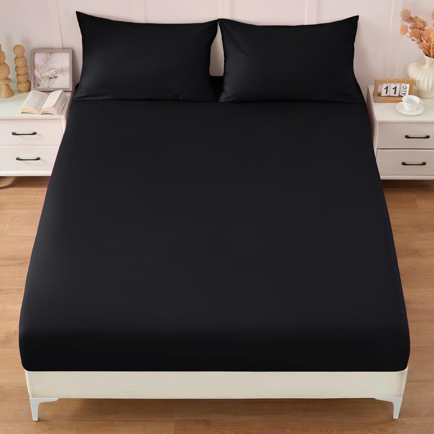 Homiest 3PCS Pure Cotton Fitted Sheet & Pillowcase Set, King Size, 400 Thread Count, Soft & Breathable, 15 Inch Deep Pocket, Luxury 5-Star Hotel Quality Cotton Sheets, Black