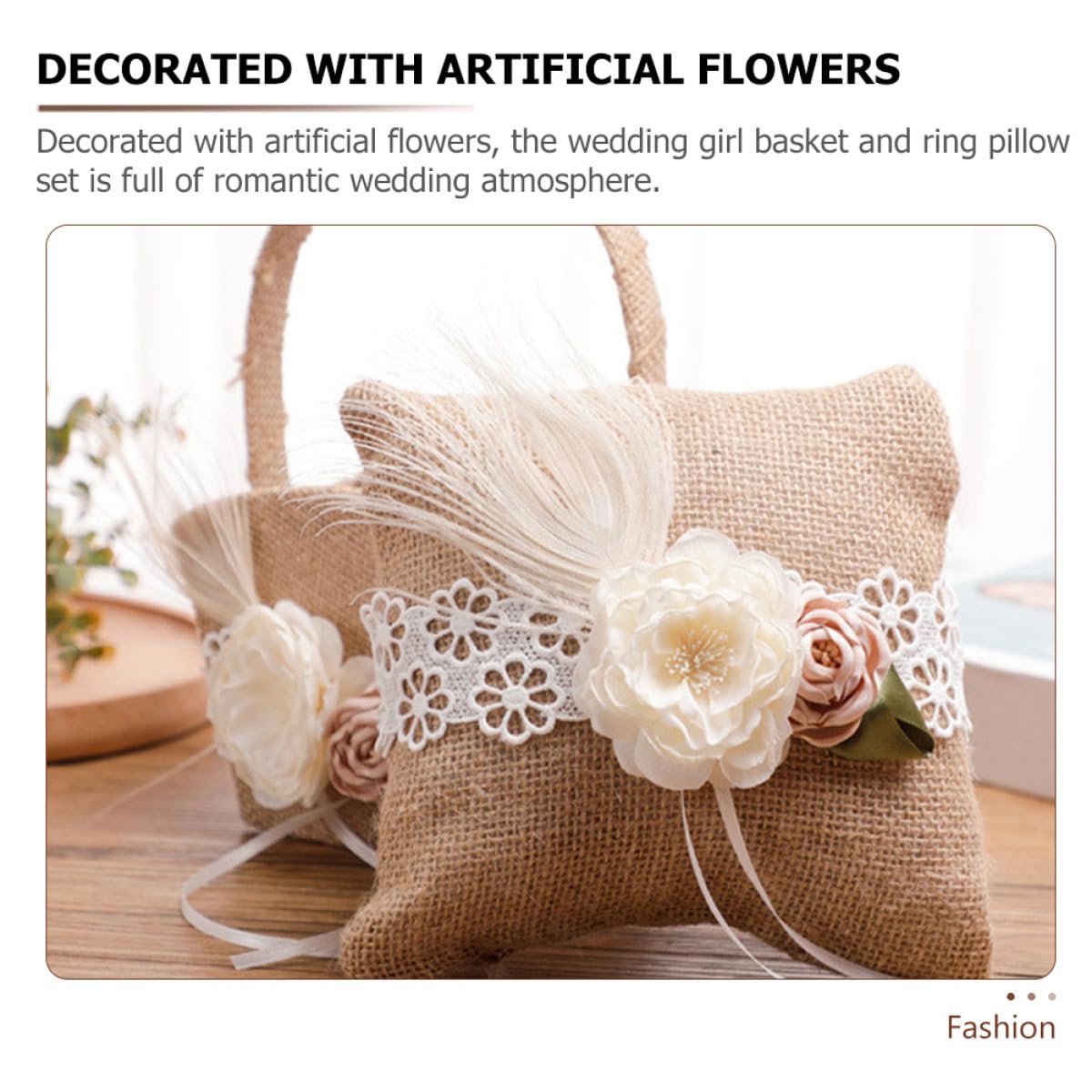 Artibetter Panier de Demoiselle D'honneur Rustique en Lin Ensemble de Mariage Coussin Annulaire et Décoré de Fleurs Artificielles pour Cérémonie de Fiançailles