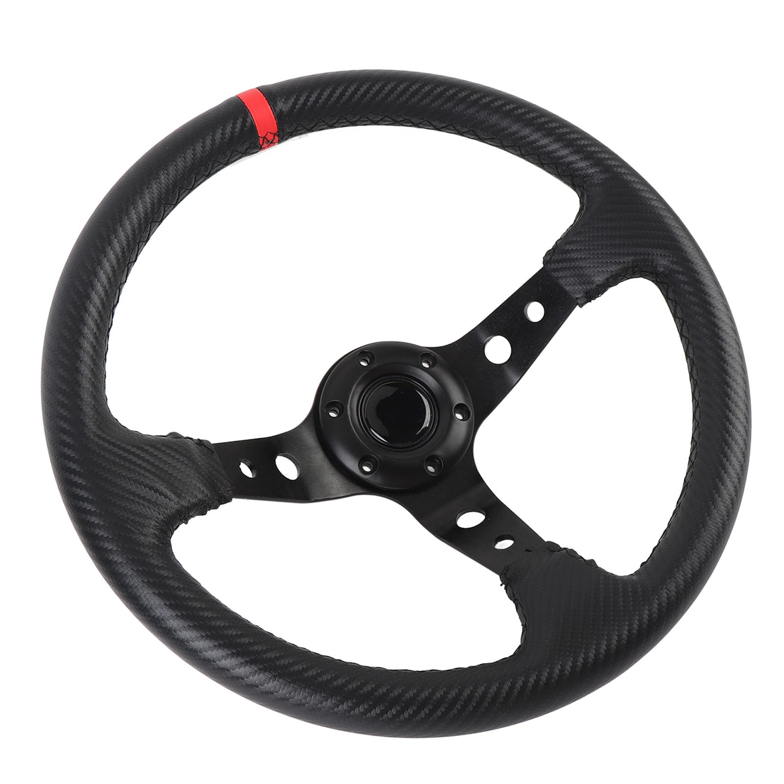 Volant de Course Sportif 14 Pouces Look Carbone Universel en PVC Aluminium avec Bouton de Klaxon pour Adaptateur de Moyeu 6 Trous Rouge pour Voiture de Sport et Dérive