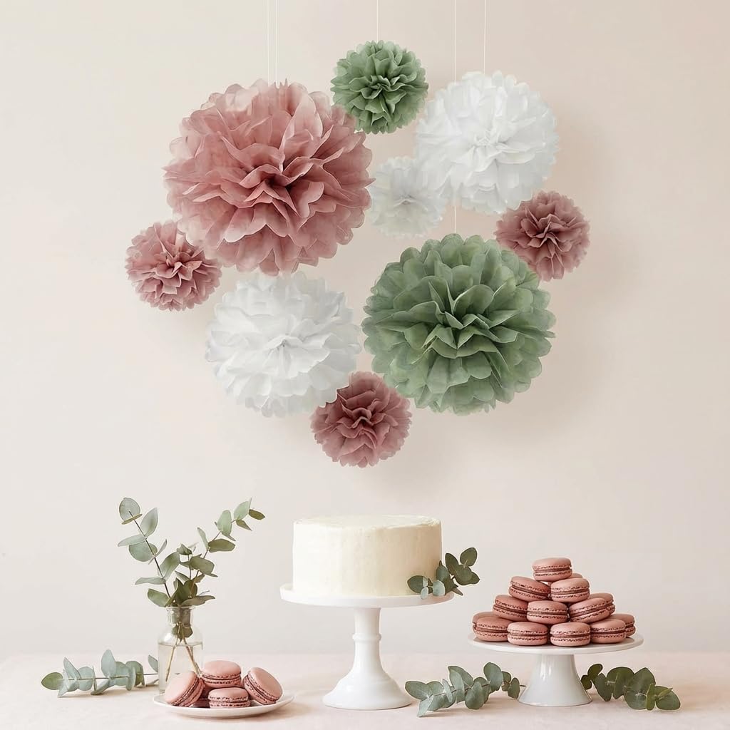 Dusty Rose & Sage Green Party Tissue Paper Pom Poms Decorations - Set of 9 12" & 10" Mixed Hanging Flowers Decor for Boho Baby Shower Backdrop, Rustic Wedding, Birthday Party