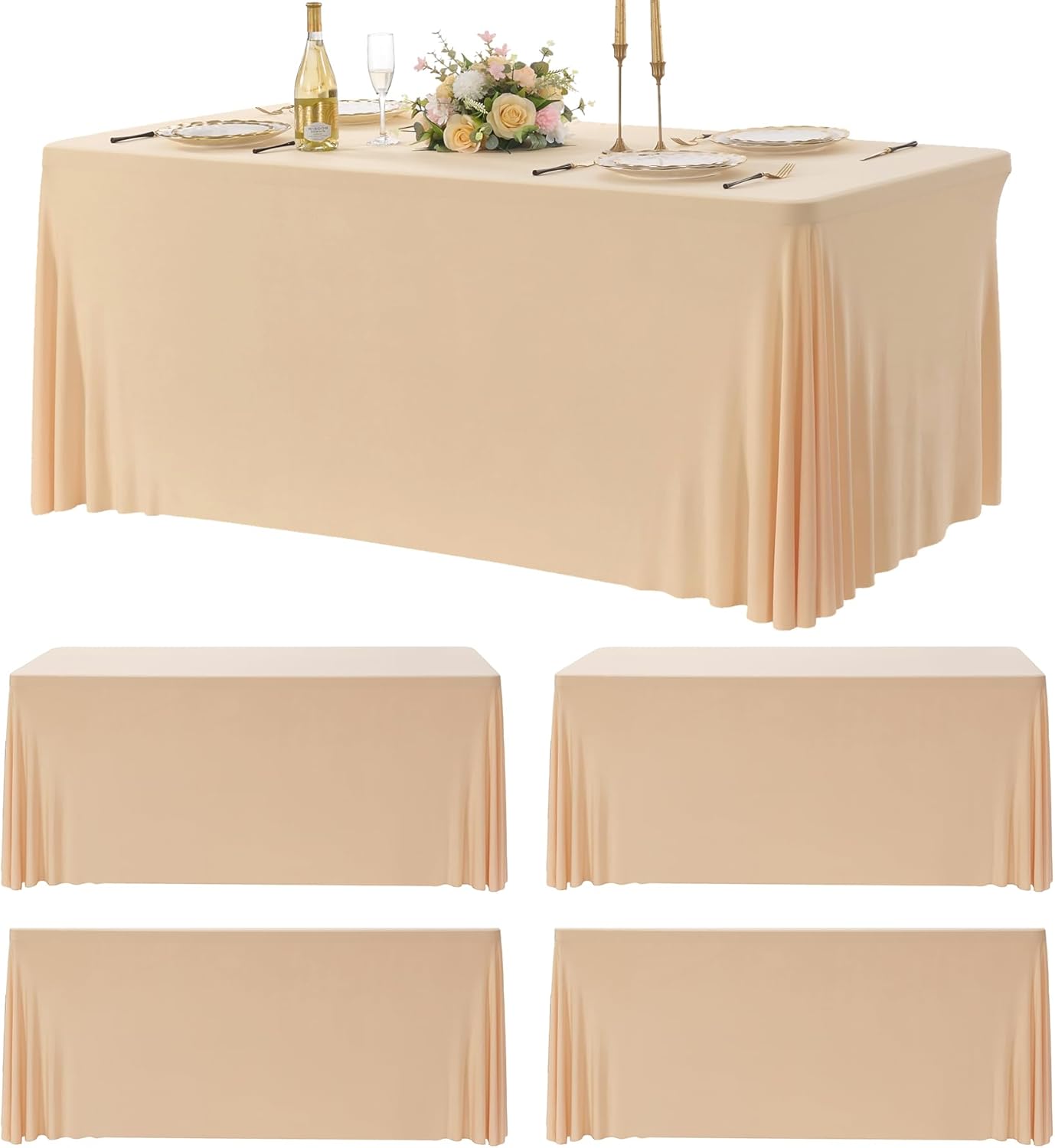 Htper 4 Pack Champagne Spandex Table Clothes for 6 Foot