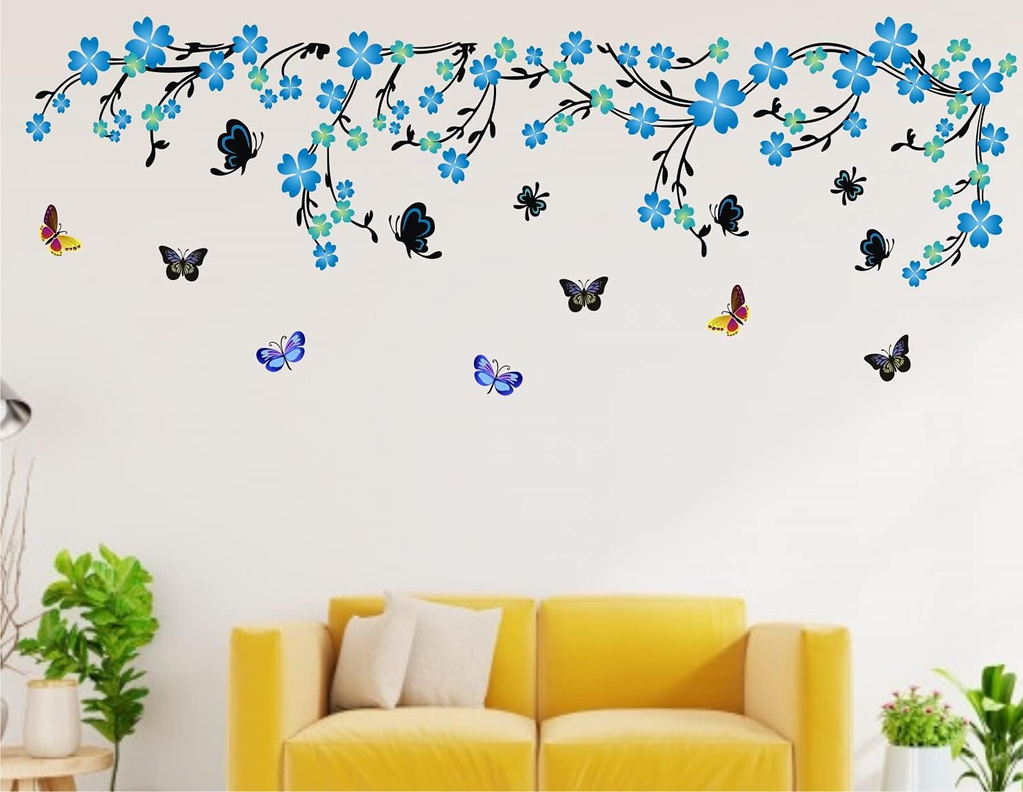 Nature Blue Flower with Vine and Butterfly Sticker Wall ( Ideal Size on Wall: 55 cm x 160 cm ) Multicolour