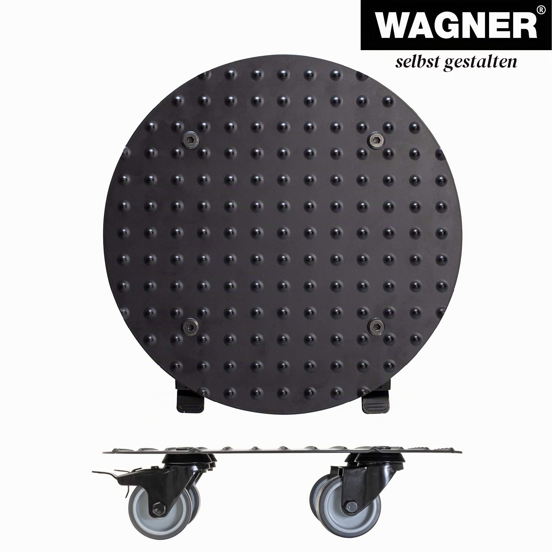 WAGNER Pflanzenroller Alaska Black Ø 30 x 7,5 cm I Blumenroller für Außenbereich + Innenbereich I Aluminium Noppenblech, schwarz I 2 Total-Feststeller I Tragkraft 150 kg I Made in DE - 20700701