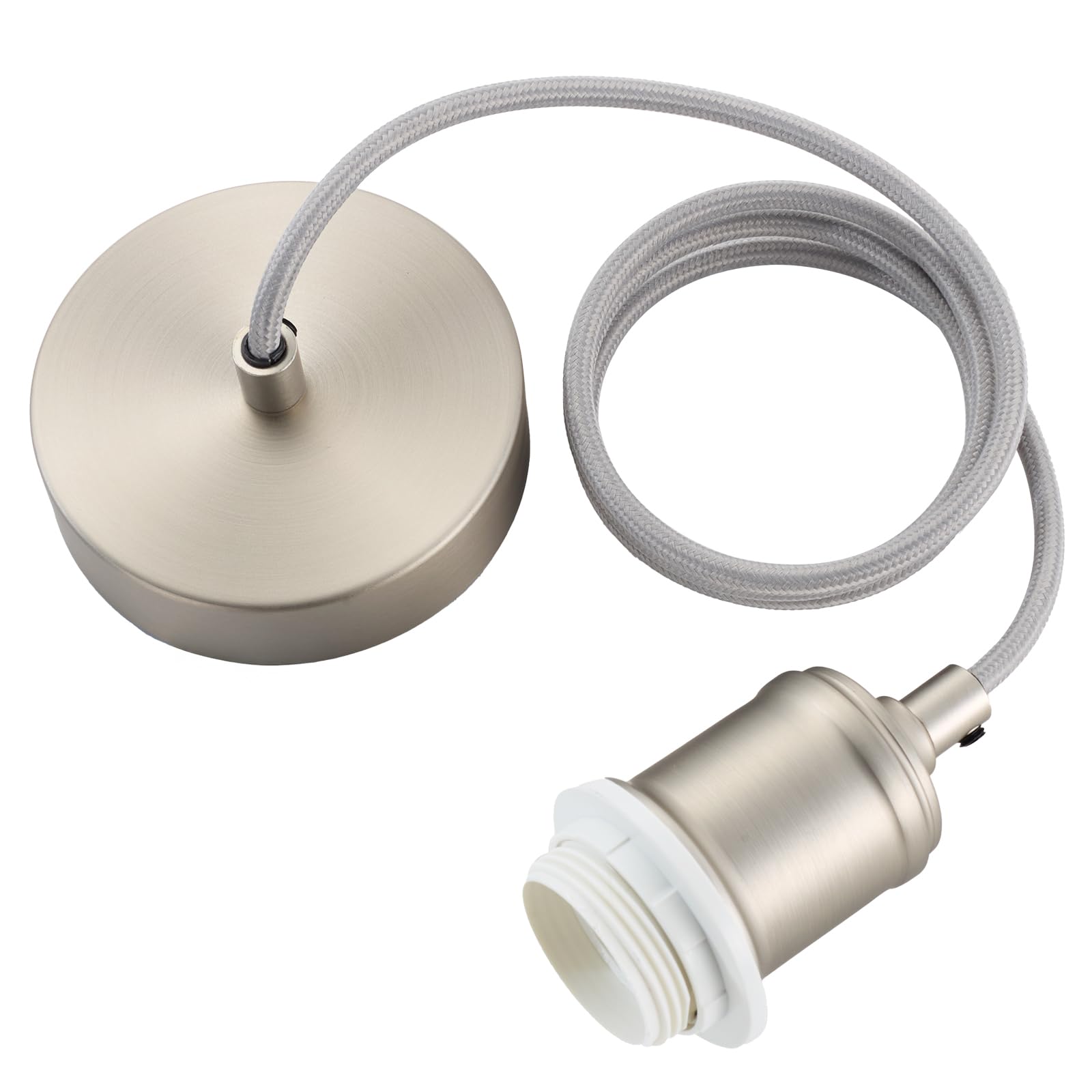 Industrial Satin Nickle Pendant Light Fitting, Metal E27 Screw Lamp Holder with Lock Ring for Shade, Ceiling Rose with 100cm Adjustable Grey Braided Flex Cable Ceiling Light Fixture KIT801SN