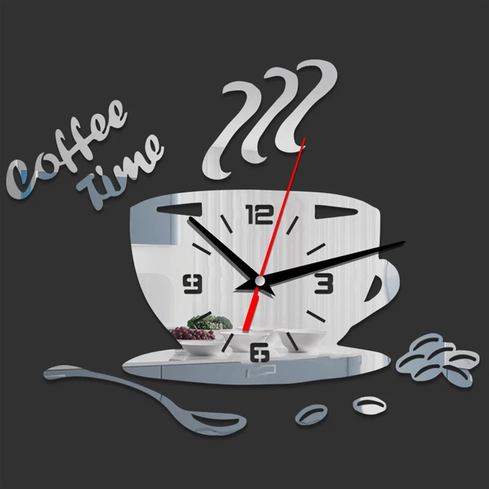 Horloge Murale créative Horloge Murale créative en Forme de Tasse à café, Autocollants Miroir 3D for décoration Murale de Cuisine et de Maison(Blue)