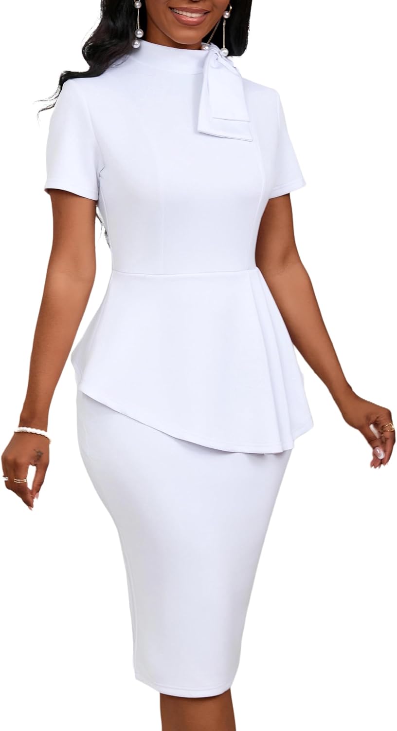 PerZeal Women's Fashion Peplum Bodycon Short Sleeve Work Dresses Bow Club Ruffle Pencil Formal Cocktail Dress