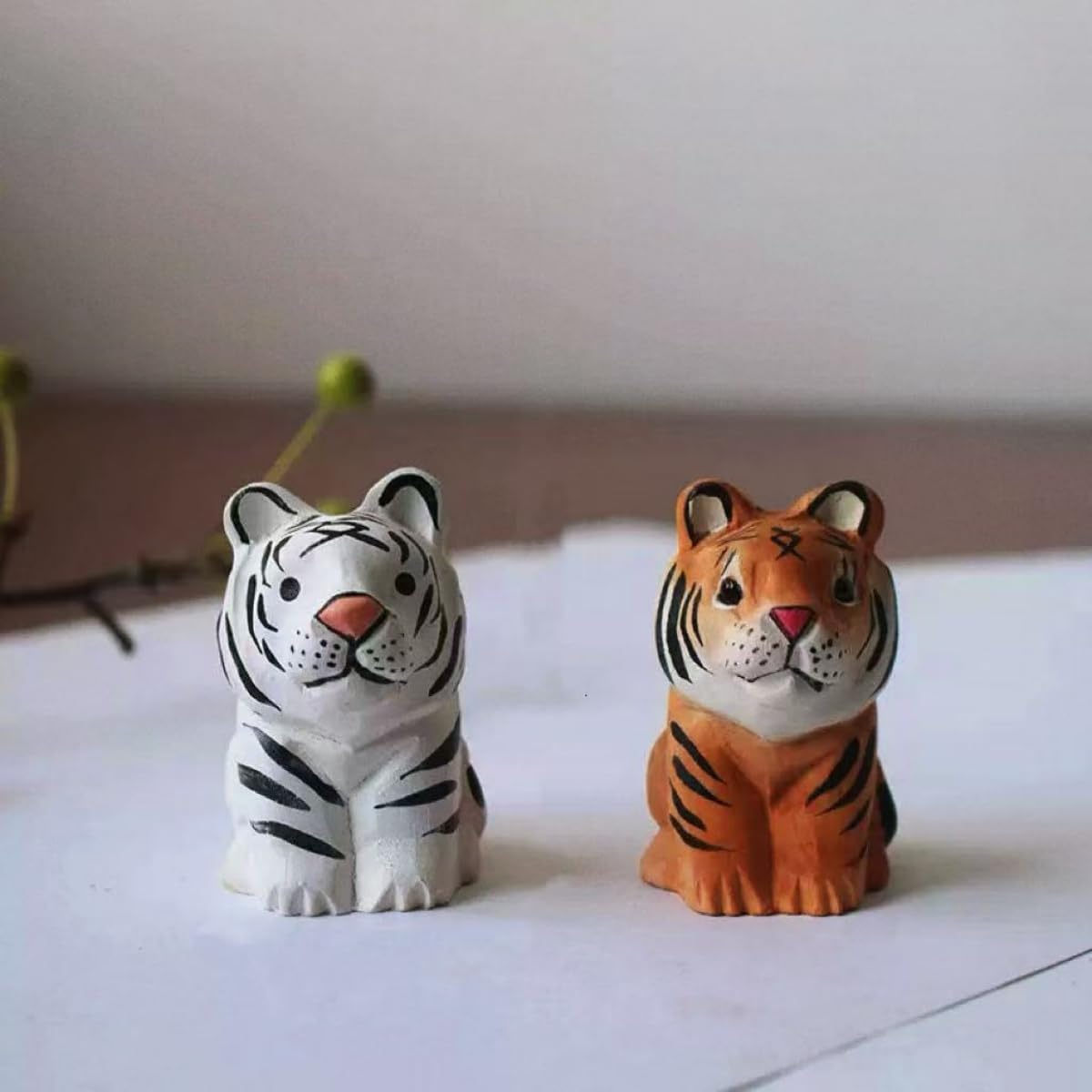 Small Carved Wooden Tiger Figurines, 2PCS Hademade Orange White Tiger Sculpture Craft Set, 1.8" Cute Animal Statues Home Office Decor Art Carving Work, Gifts for Animal Lovers - Image 4