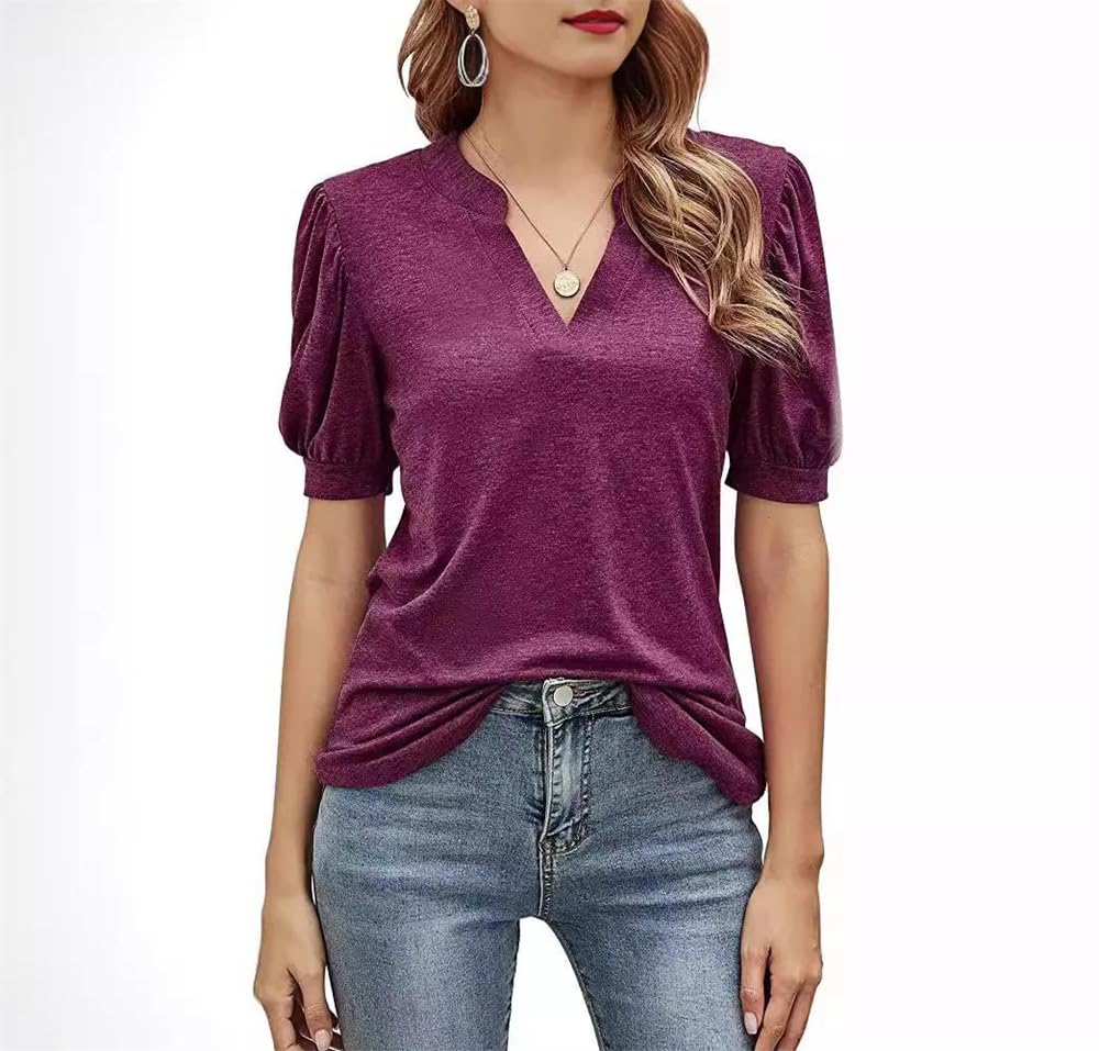 Adhdyuud Damenbluse mit V-Ausschnitt, kurzärmelig, Puffärmel, strukturiert, lockere Passform, lässig, Sommer, Hemdbluse