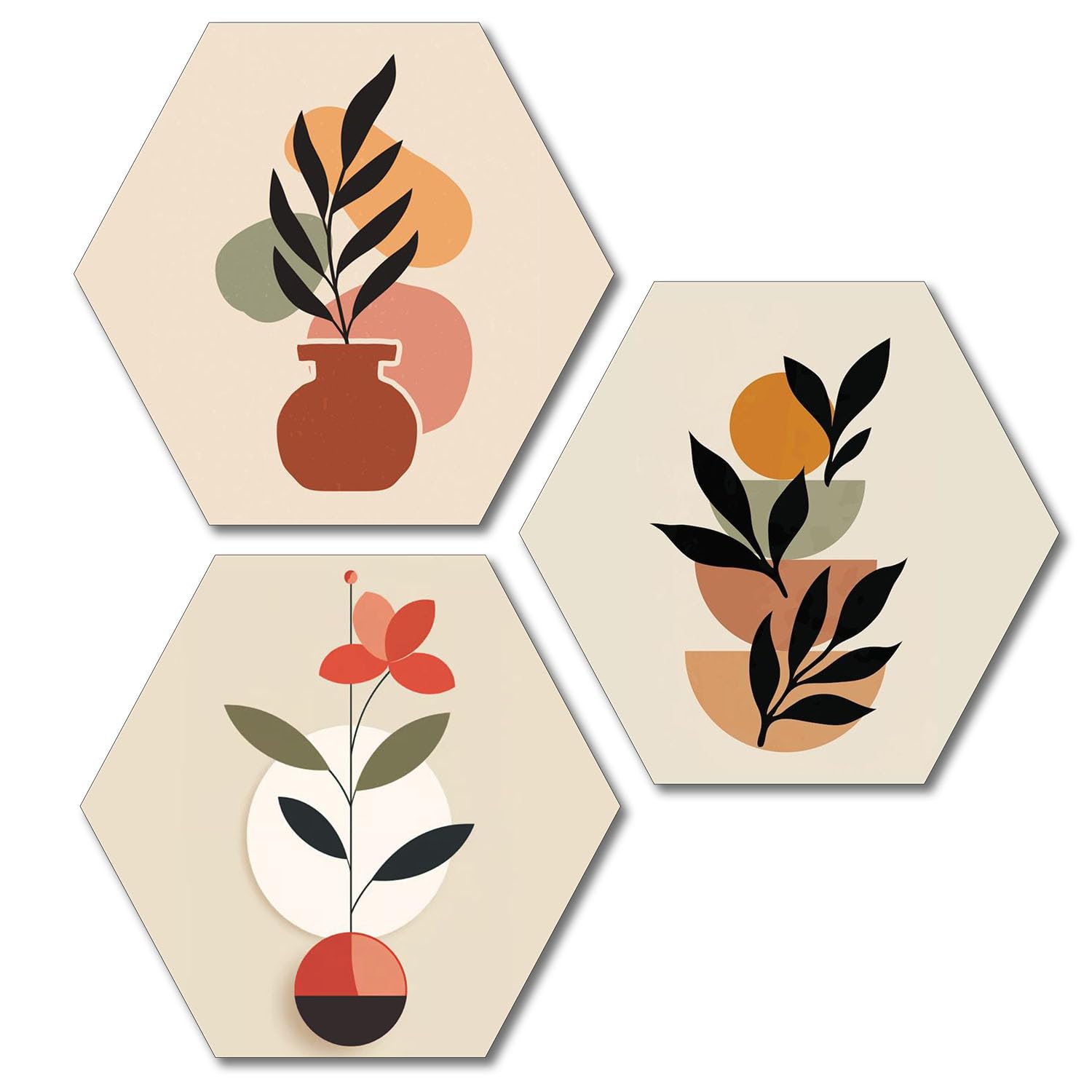 AROSHA Floral & Leaf Art Wooden Wall Hanging | Abstract Hexagon Wall Art for Living Room, Bedroom, Office, Hallway | New Home Gift (GWH3_P1304),Set of 3-image-23