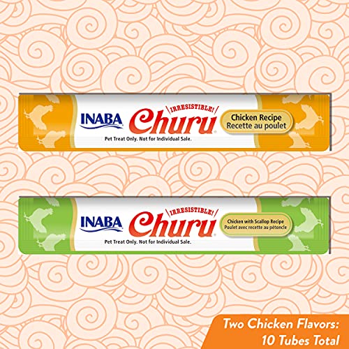 Inaba Churu Cat Treats, Grain-Free, 0.5 Ounces Each Tube, 24 Tubes (4 Per Pack), Chicken Recipe & Churu Cat Treats, Grain-Free, Lickable, Squeezable Creamy Purée Cat Treat/Topper #TOP6