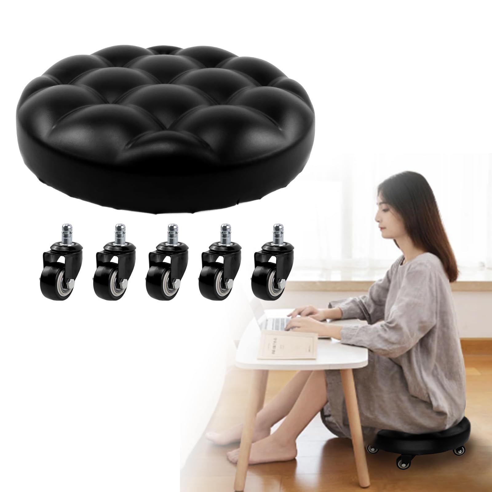 CNQLIS Black Leather Low Roller Seat Bench with Wheelchair Toddler Footrest Low Bench Low Height Rolling Bench with 360° Swivel Casters Home Office Round Car Repair