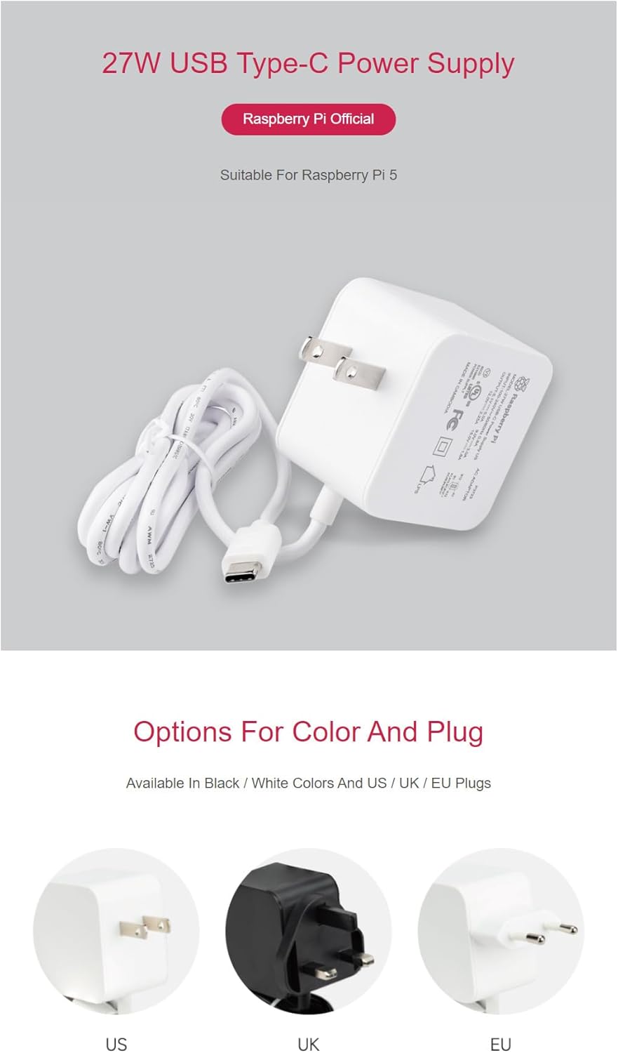 Official 27W USB Type-C Power Supply for Raspberry Pi 5 Output 5.1V/5A, 9V/3A, 12V/2.25A, 15V/1.8A 1.2m Cable Length