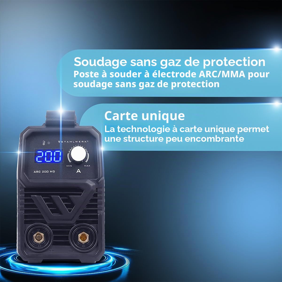 STAHLWERK Poste à souder à l'électrode ARC 200 MD – Kit complet avec chariot – MMA jusqu'à 200 A, utilisation flexible sans gaz, compact & léger, Smart Cooling, Hotstart, fonction Anti-Stick