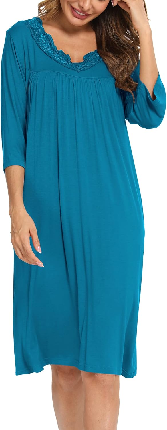 YYA Nightgowns for Women 3/4 Sleeve Sleepwear Lace Comfy Sleep Gowns Pleated V Neck Plus Size Nightshirt S-4XL - Image 3