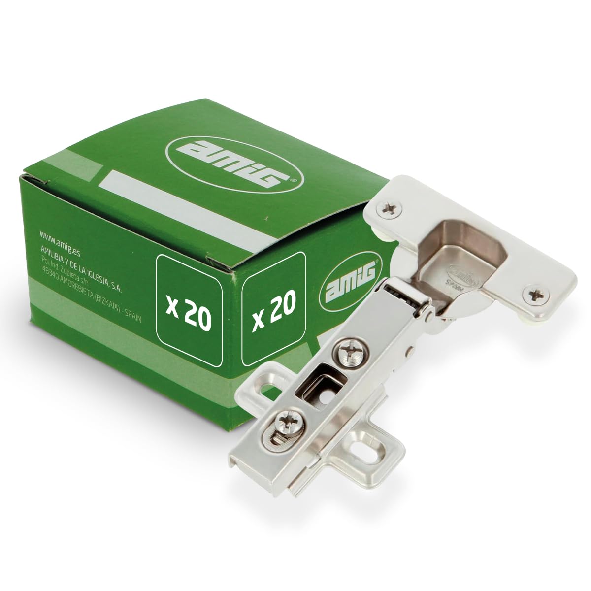 Amig - Pack de 20 Bisagras de Cazoleta Recta - Ø35 mm - Acero Niquelado - Pestillo de Apertura Rápida - Instalación Oculta para Muebles - Tacos y Tirafondos Premontados