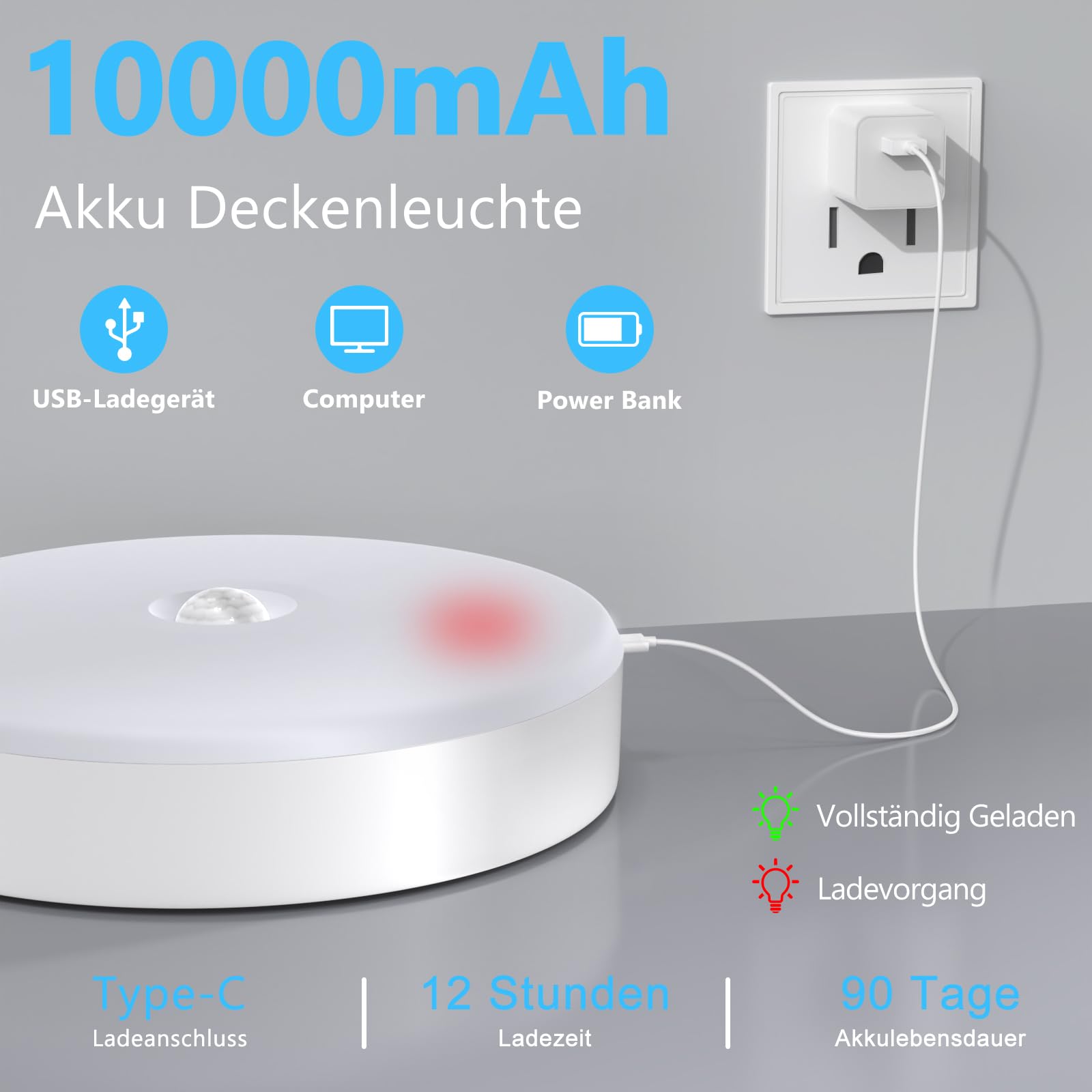FULEN Led-plafondlamp met bewegingssensor, draadloos, badkamer, werkt