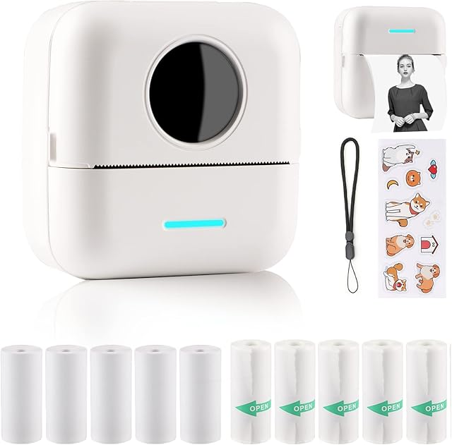 Mini Printer, Portable Printer with Sticker and 10 Rolls of Thermal Paper and Self-Adhesive Thermal Paper Built-in 1200mAh Battery Inkless Photo Printer for Android and IOS