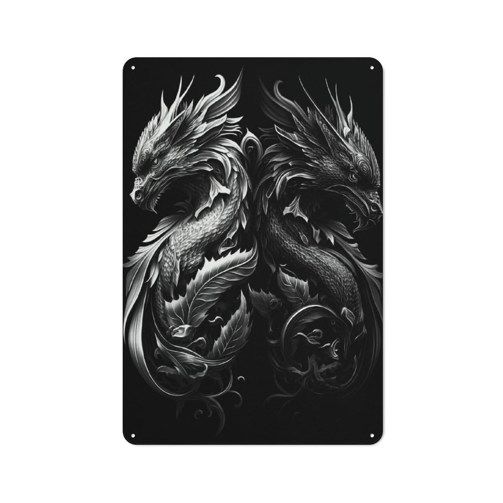 Farmhouse Black White Dragon Country Metal Sign 30x20cm, Cottage Wall Art for Farmhouse Kitchen, Pantry Or Dining Area