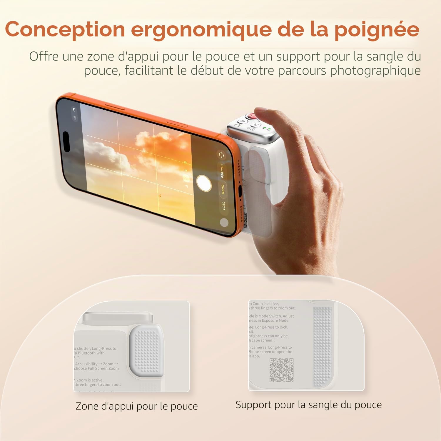 COMITOK MOCA ARCO Poignée pour appareil photo pour enregistrement vidéo avec zone de repose-pouce pour iPhone Pro Max, avec support de téléphone amélioré et télécommande amovible pour une prise de vue