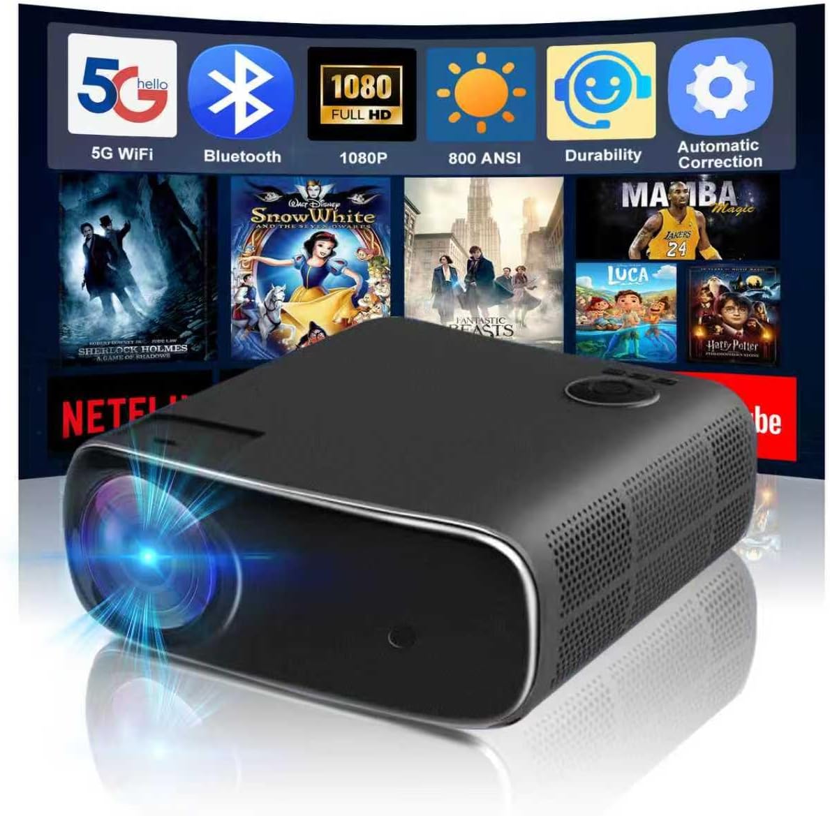 Smart Projector with WiFi and Bluetooth 1080P Outdoor Video Projector Support 4K 800 ANSI Smart Outdoor Home Movie Projectors Auto Keystone Compatible with HDMI/USB/TV Stick/Smartphone/Laptop