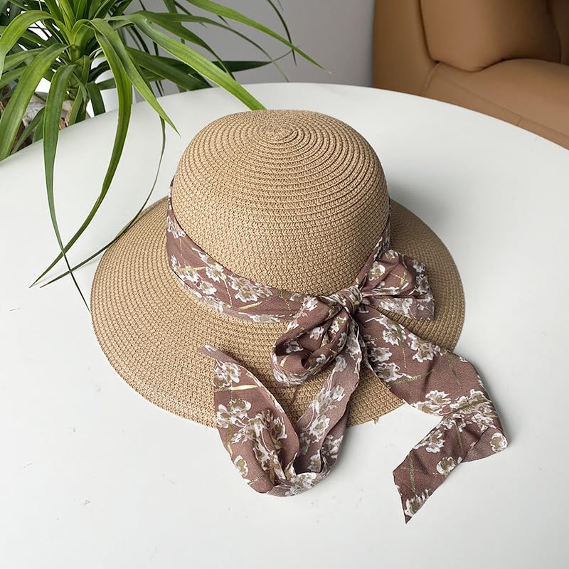 Sombrero de Paja Trenzado de Verano para Mujer,Transpirable,con Protección UV y Lazo Floral,Sombrero de Playa Ligera para Vacaciones,Viajes y Actividades Al Aire Libre