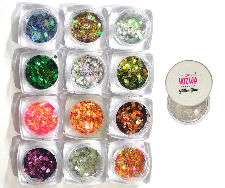 Vozwa Professional Eye-Makeup 12 Color Chunky Eye Shadow Glitter Sparkle with Glitter Glue-image-12