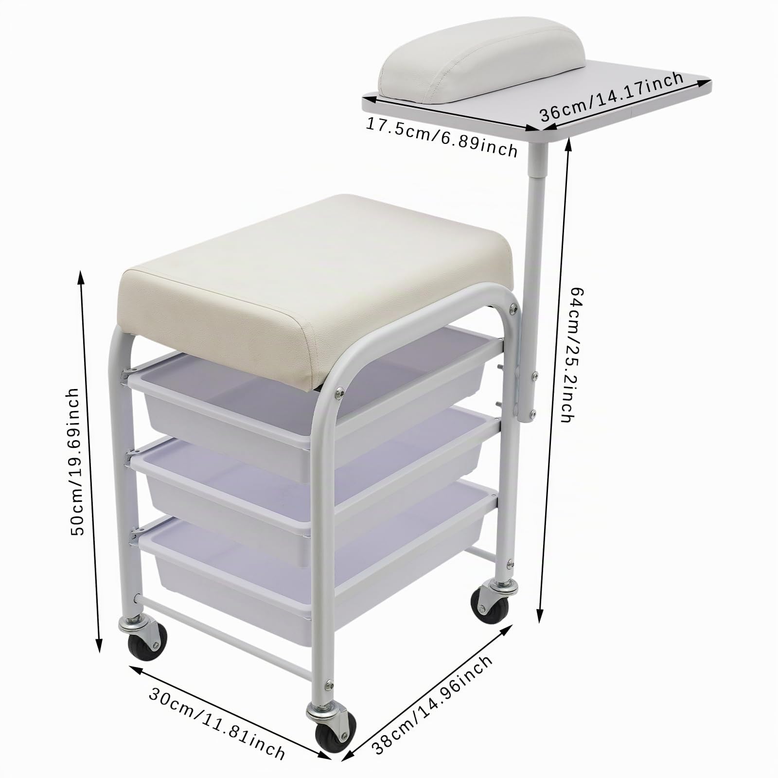 Tragbarer Fußbad Spa Wagen, Trolley für Fußbad Pediküre Fußstütze or Pediküre Maniküre Wagen für Beauty Salonmit 3 Schubladen,4 Universal-Räder und Drehbares Tablettfür Fußbäder(Weiß)