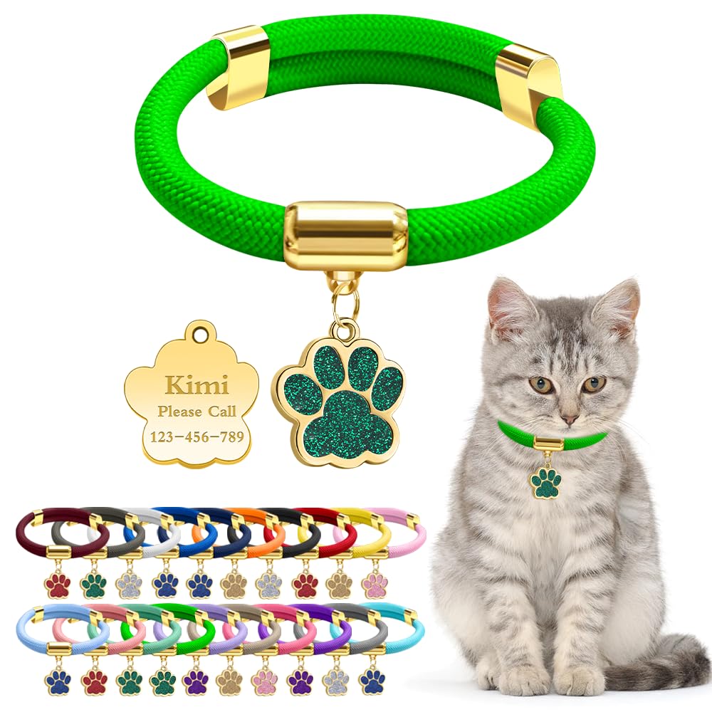 Personalized Breakaway Cat Collars with Magnetic Quick Release Buckle, Custom Engraved Name Tag for Cats (Pure Grass Green)