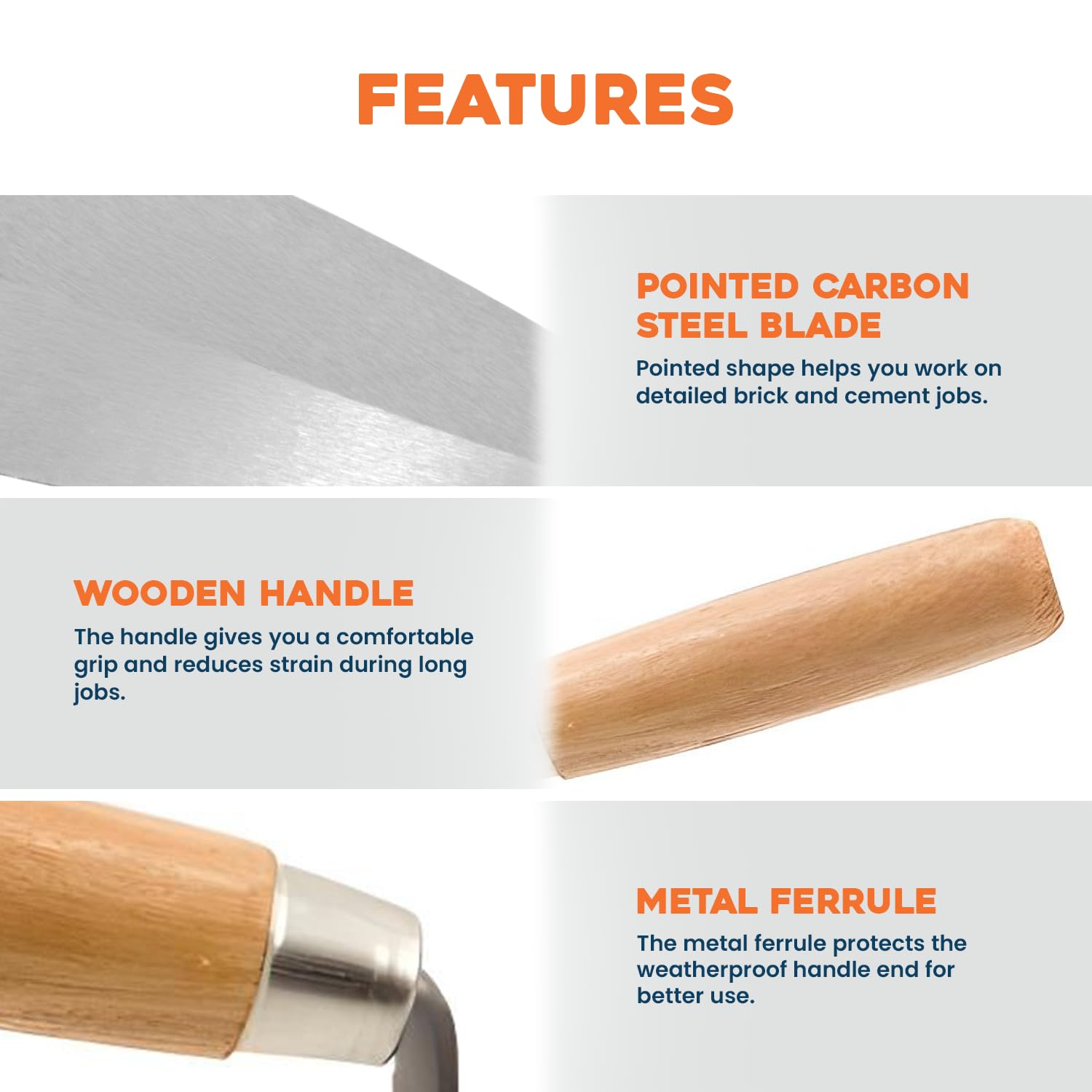 5" Bricklayers Trowel - Pointed Carbon Steel Blade with Wooden Handle - Ideal for Bricklaying Cement Spreading & Masonry Work - Image 2