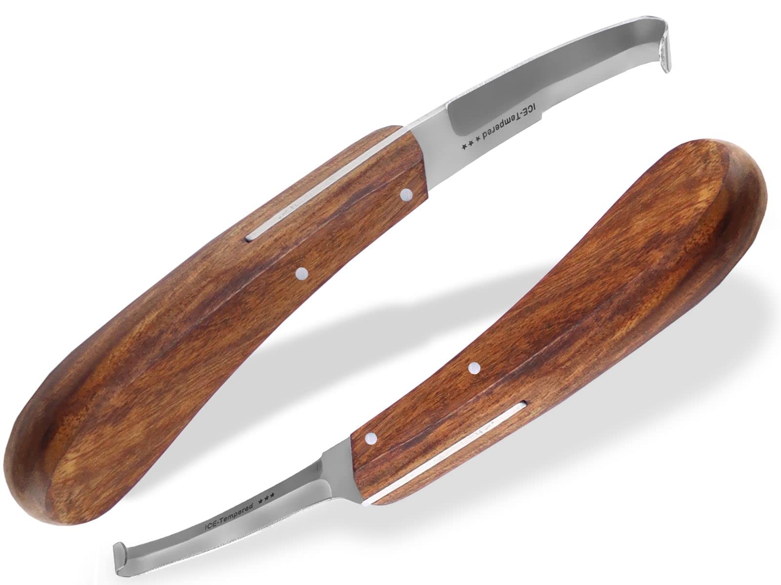 Profi Hufmesser 2er Set für Pferde Beidseitig Scharfe Klingen Dünn und Breit Klauenmesser Rinnmesser Rinder Hufpflege Hufschmied Werkzeug mit gebogenen Haken Spezialstahl Rostfrei Ergonomischer Griff