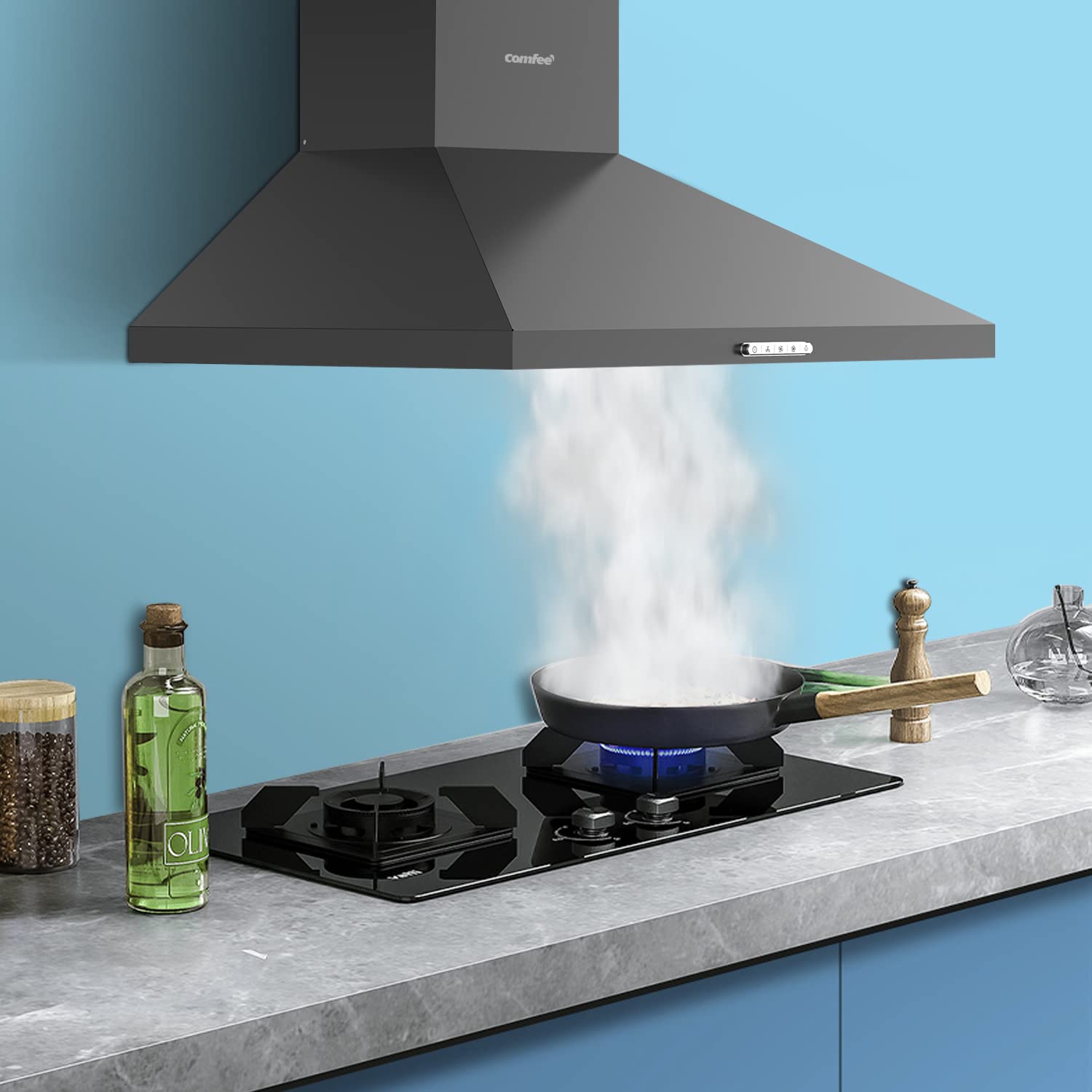 COMFEE' 60A17 60cm Chimney Cooker Hood Stainless Steel Extractor Hood with LED and Recirculating