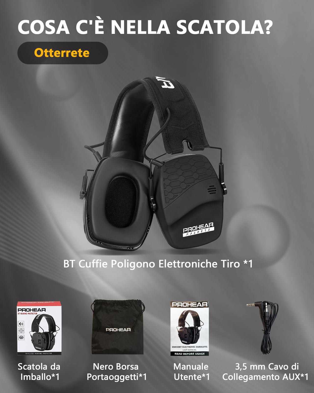 PROHEAR Cuffie Poligono Elettroniche Tiro Sostituibile Cuscinetti Orecchie, SNR 27dB Riduzione del Rumore Regolabile, Protezione dell'Udito de Caccia Amplificate Suono, Bluetooth