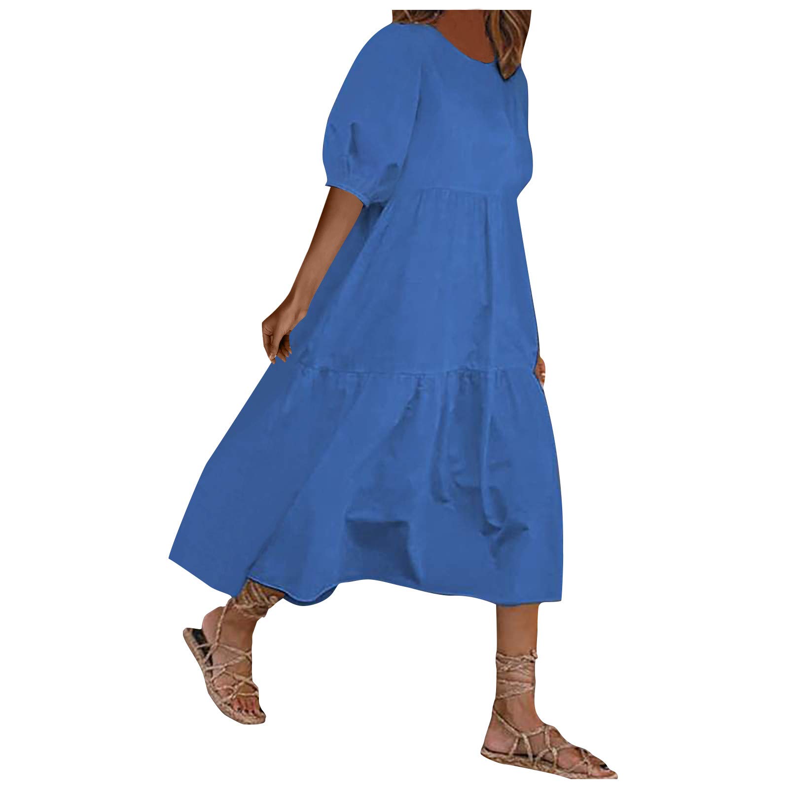 SkangSummer Dress for Women UK Half Puff Sleeve Crew Neck Dresses Loose Baggy Flowy Dresses Plus Size Dress Solid Color Plain Dresses Vacation Daily Party Dresses
