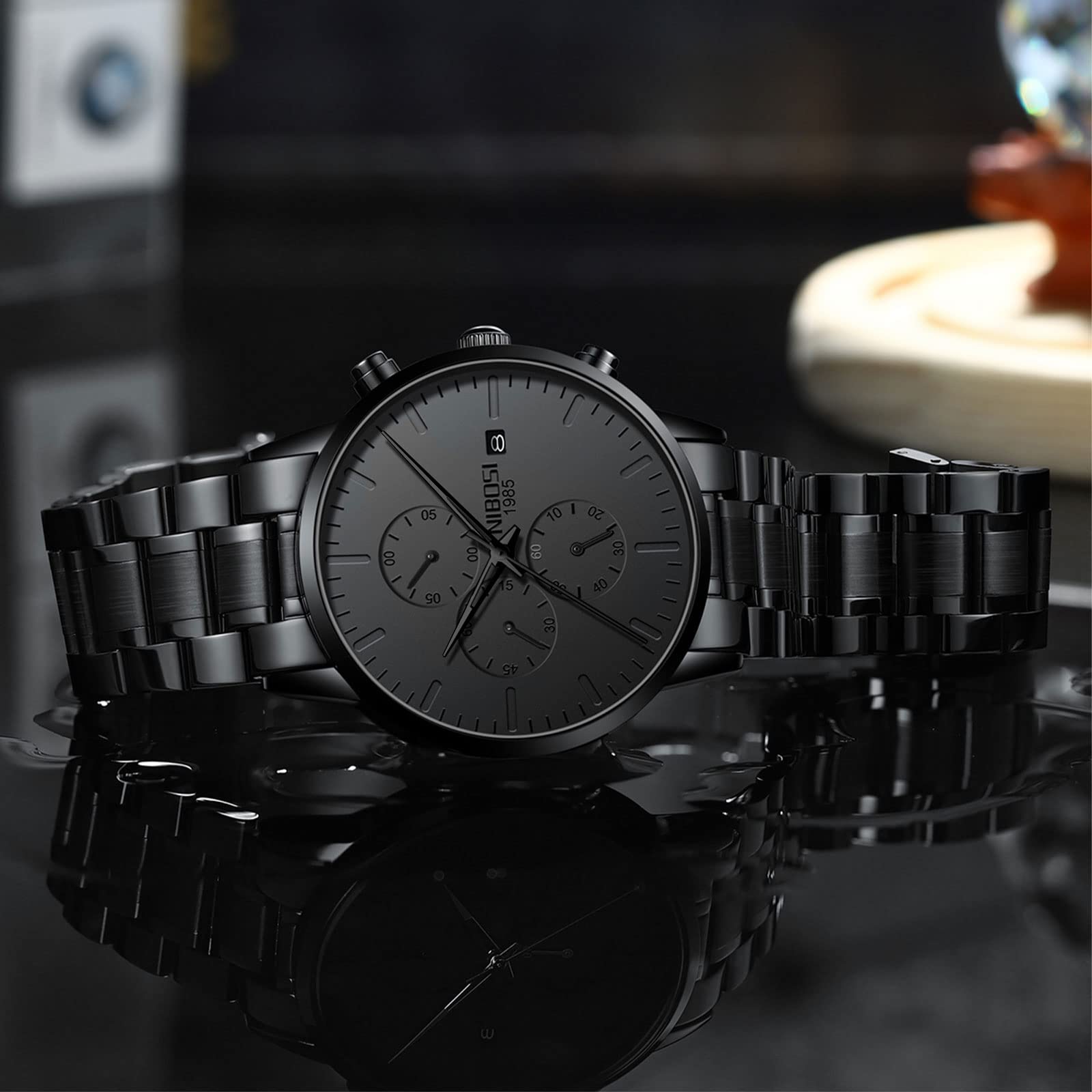 NIBOSI Orologio analogico da uomo, cronografo, minimalista, nero, con data | Cinturino impermeabile in acciaio inox, orologio al quarzo, stile militare, casual