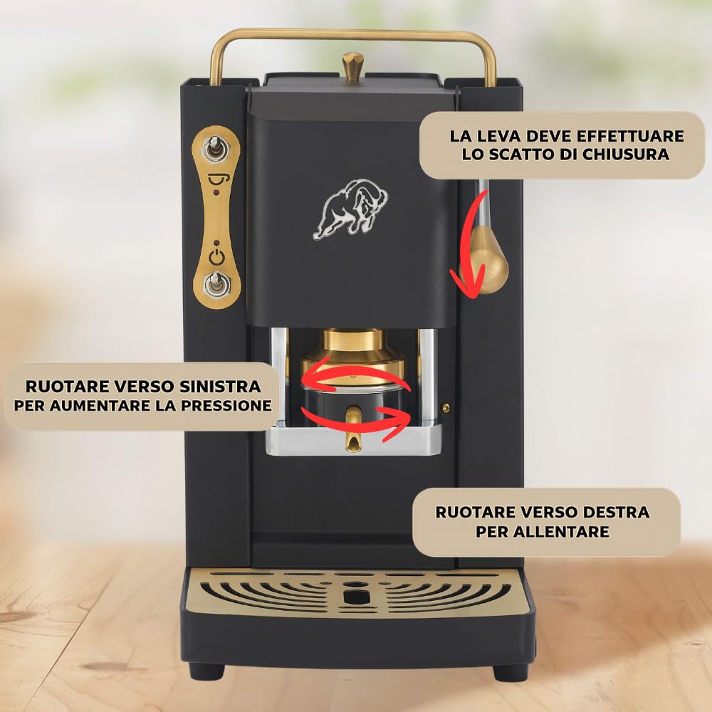 FABER COFFEE MACHINES | 3.0 PRO ESSENTIAL | Macchina Caffè ESE 44mm Compatta con, Tanica in Vetro, Portacialda Estraibile e Pressacialda Ottone Regolabile (Black, OTTONE)