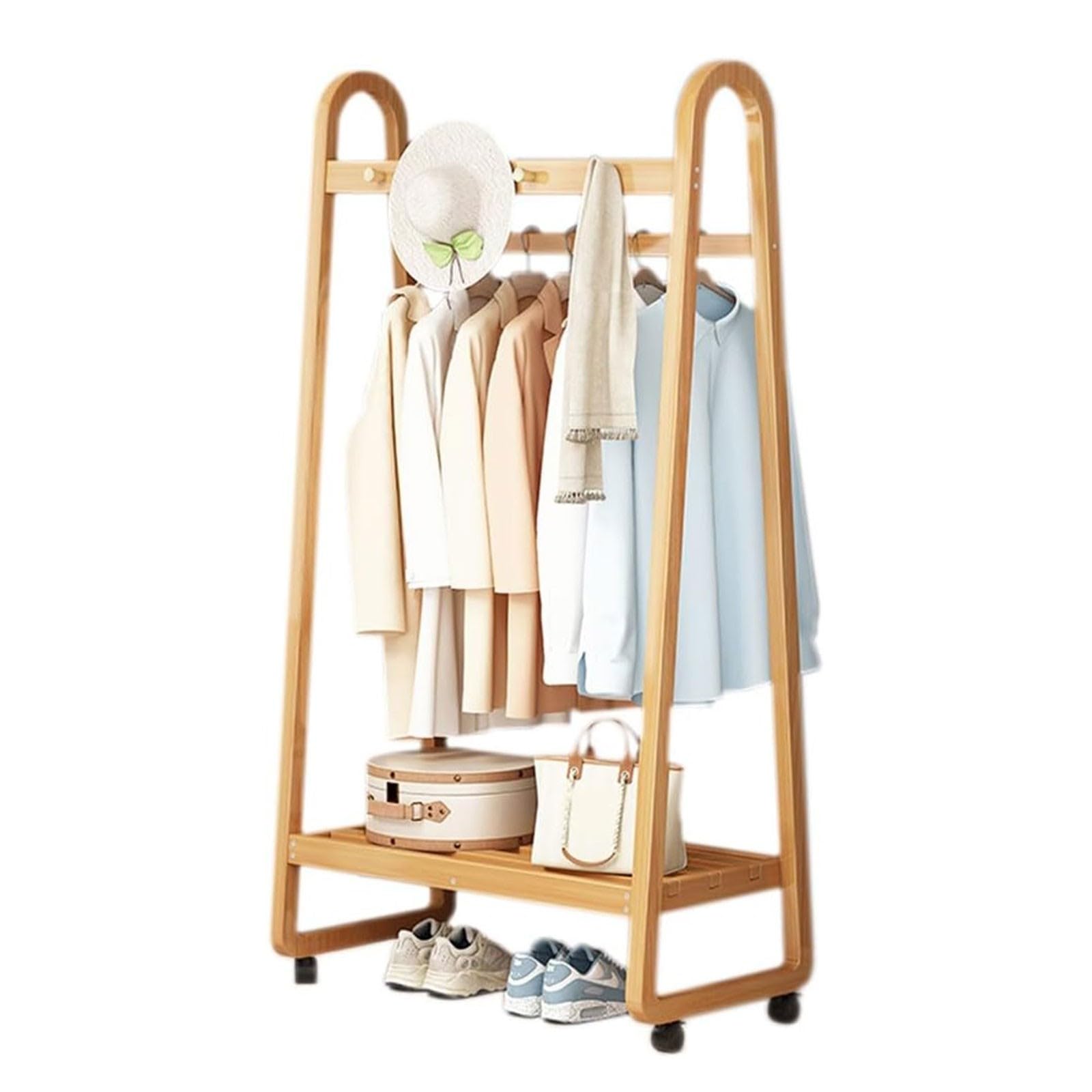 MYUYEE Mobile Bamboo Coat Rack On Wheels, Multifunctional Garment Rack With 3-5 Hooks And Shoe Shelf, For Bedroom Living Room, Walnut, 100Cm(Wood-70Cm)